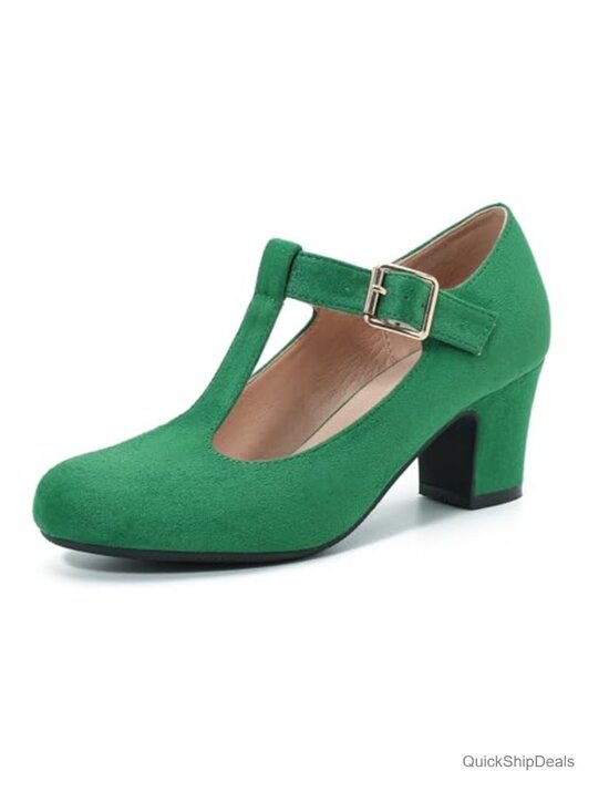 Shoes - Women's Mary Jane Pumps T-Strap Block High Heels Ankle Strap Buckle